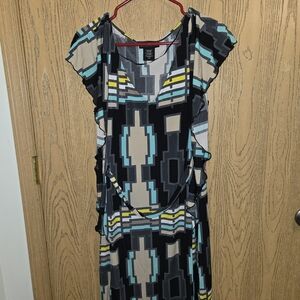 Attention Asymmetrical Dress in Black, Gray, and Cream with Blue Accents